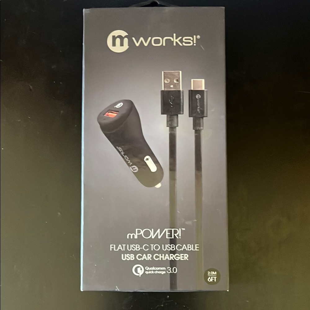 Black Car Charger Adapter with USB Port and Cable